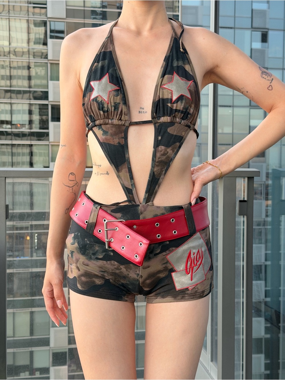 Camo Star Cutout Halter Romper with Red Accents